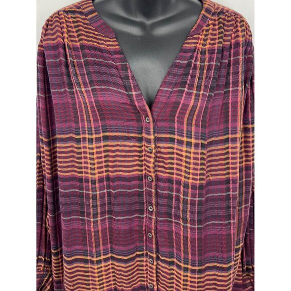 Free People Wine Plaid Button-Down Shirt Fray Long Sleeve Large L NWT New - Picture 2 of 9